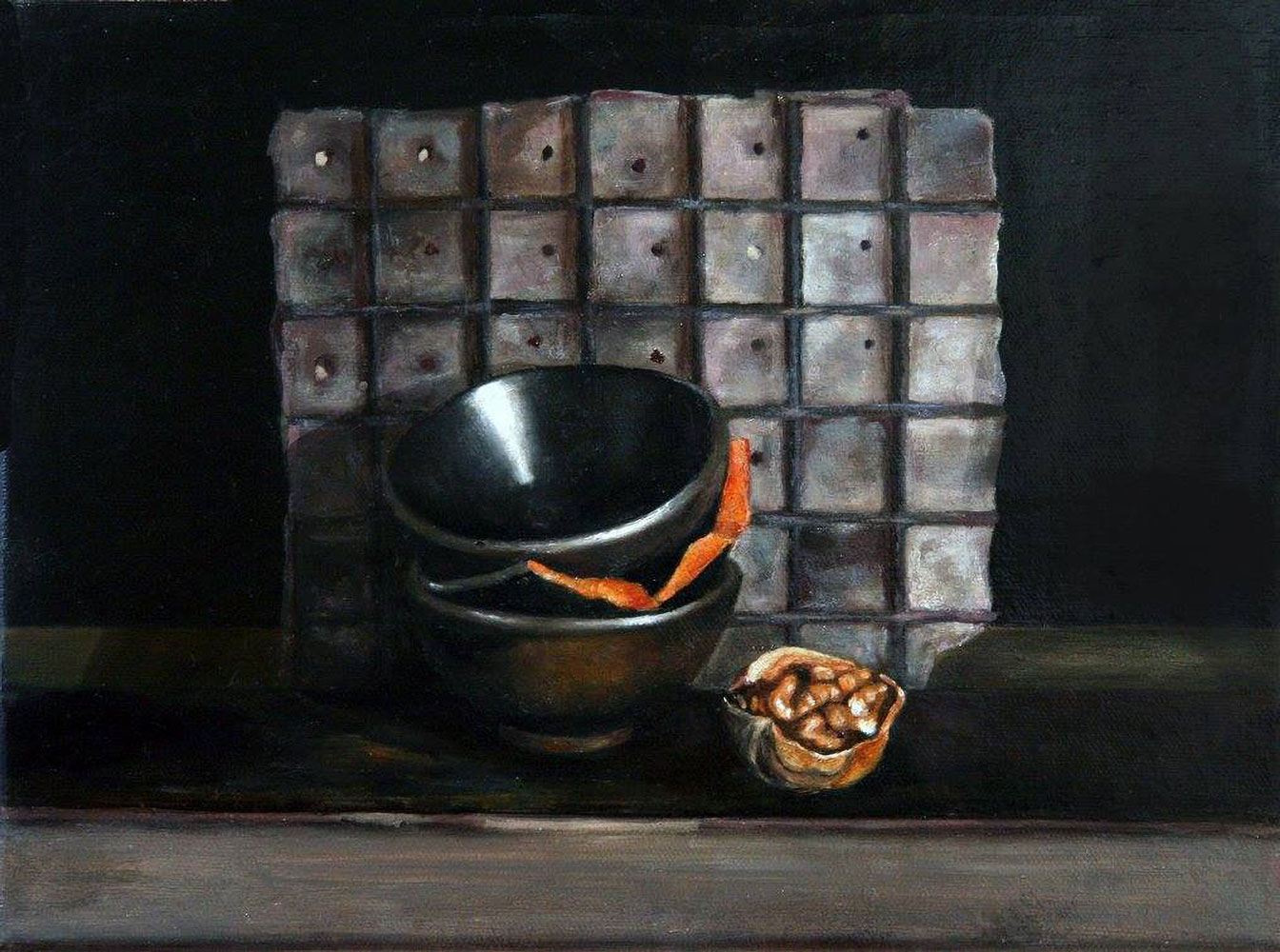 -Broken-bowl-with-walnuts-oil-on-Canvas-23cm-x-30cm-Framed.