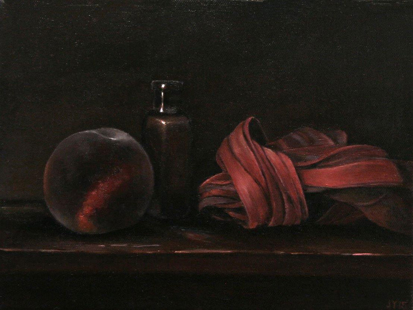 Twisted-silk-with-peach-and-bottle-Oil-on-Linen-23cm-x30cm